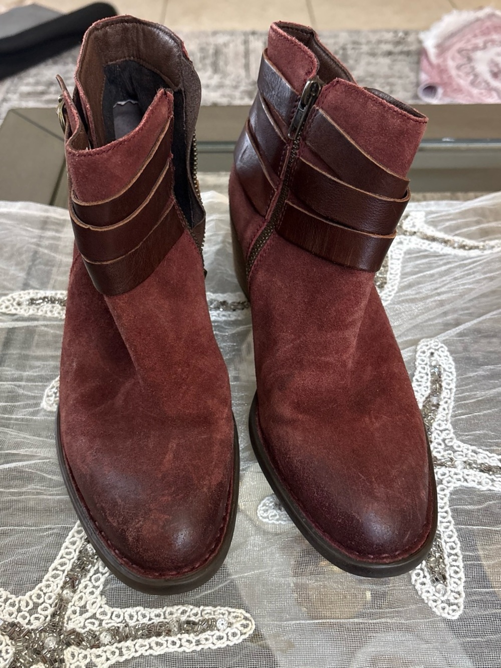 Born Women's Burgundy Suede Ankle Boots with Brown Strap Detail